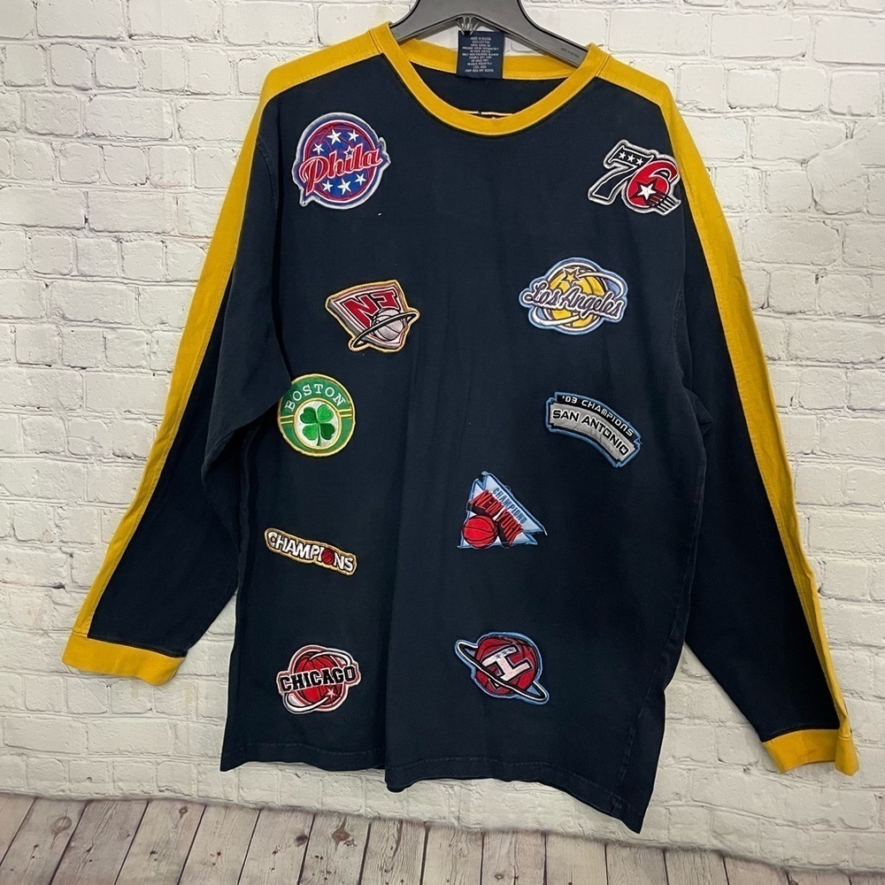 FnF NBA Teams Championship Patchwork Men’s Long Sleeve Yellow Blue Shirt 2XL